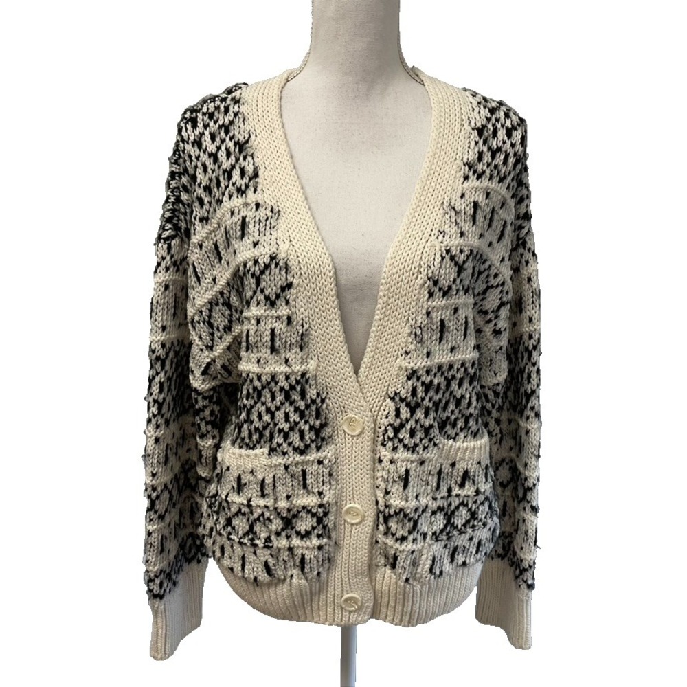 Zara Cardigan Sweater Jumper Womens Small Black‎ White Fair Isle Oversize Chunky